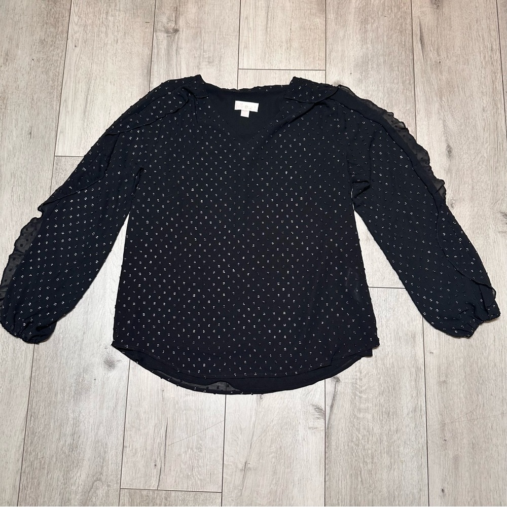 Belle Kim Grave longsleeve ruffle sleeve trim beaded detail sheer blouse size XS
